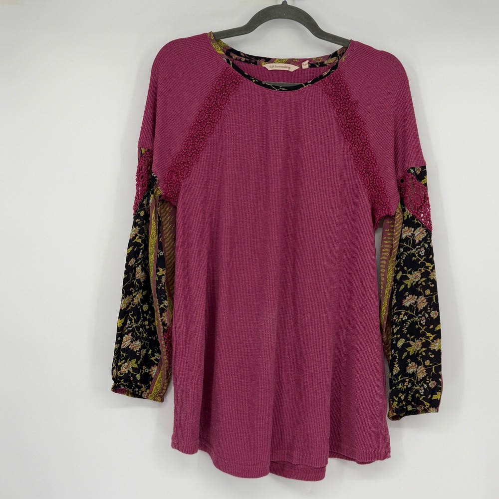 Soft Surroundings Waffle Knit Mixed Media Boho Top Pink Floral Lace Large